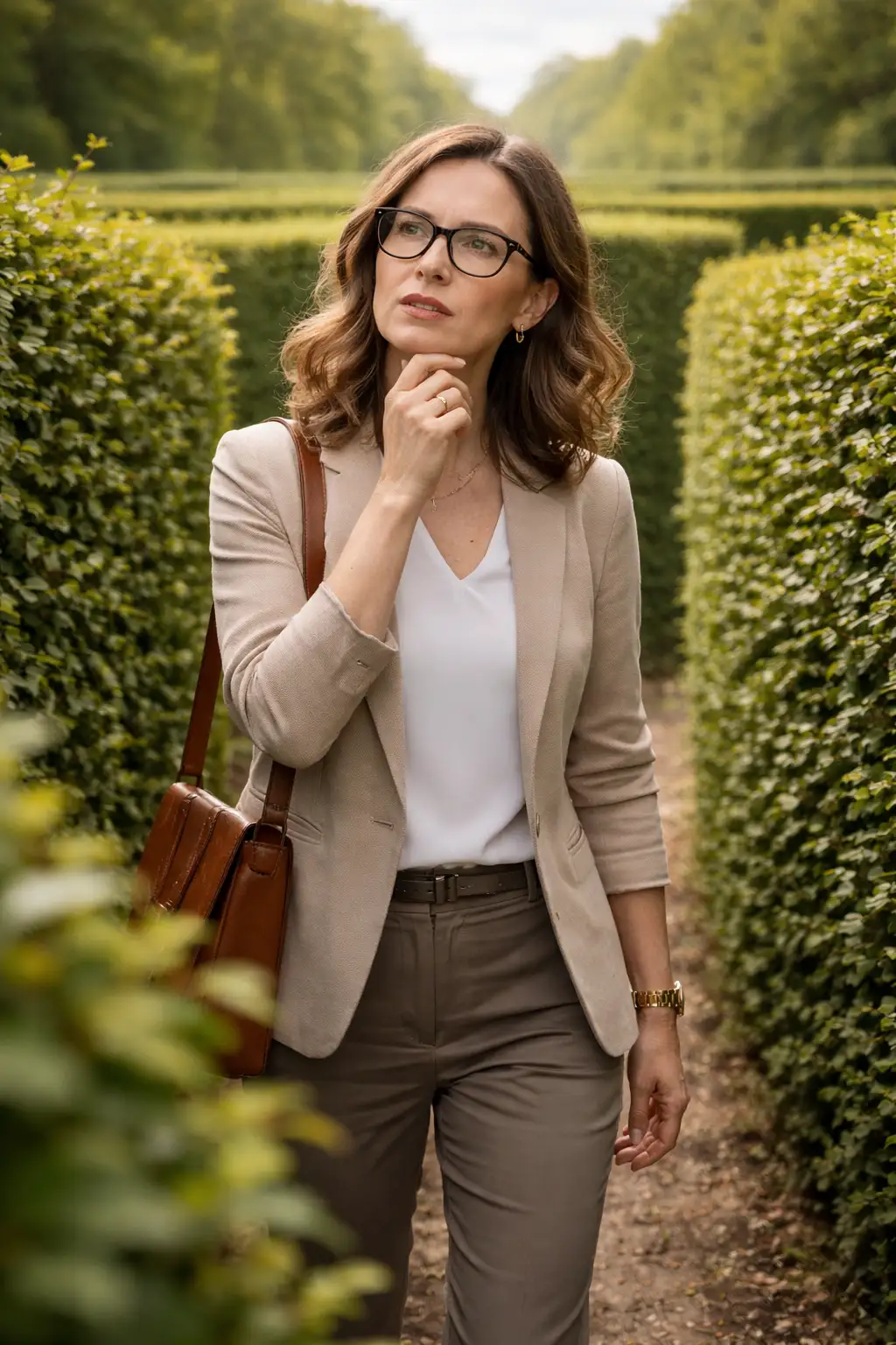 a woman is walking down a set of stairs