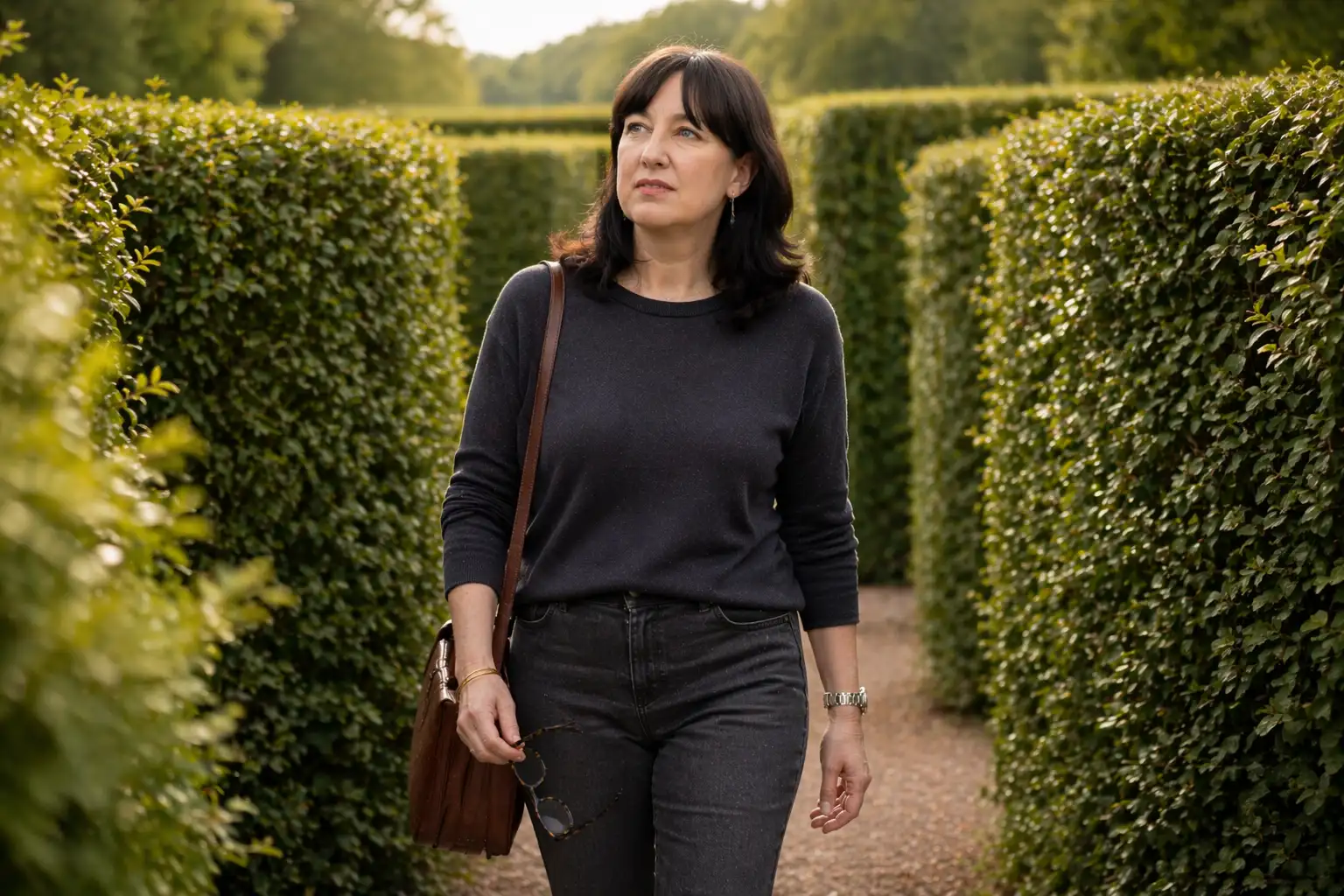 Séverine Charbonnel, coach professionnelle, marchant dans un labyrinthe de haies