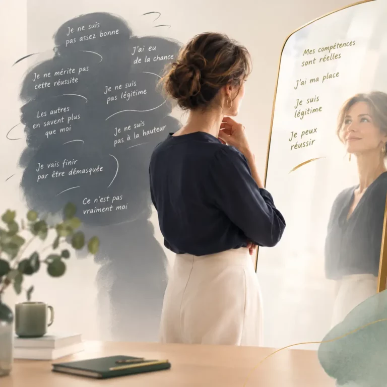 Une femme se regarde dans un miroir, confrontée à ses doutes et à ses pensées limitantes. Son reflet lui renvoie une image confiante et légitime, symbolisant le dépassement du syndrome de l’imposteur et la reconnaissance de ses compétences.