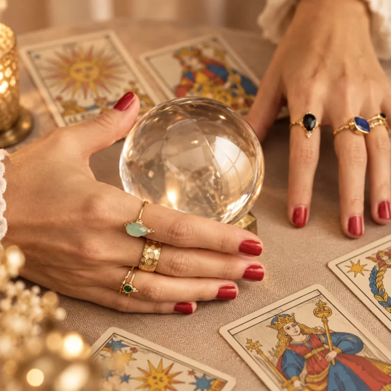 Mains autour d’une boule de cristal et cartes de tarot de Marseille, illustration des suppositions et de notre envie de deviner les pensées des autres.